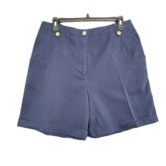 LAUREN RALPH LAUREN Blue Gold Button High Rise Cuffed Twill Chino Shorts SIZE 10 - Picture 1 of 14